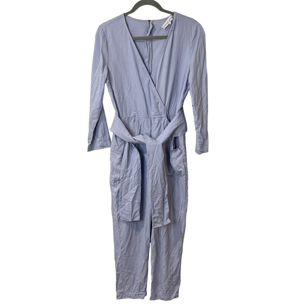 Apiece Apart Light Blue Linen Blend Wrap Jumpsuit Long Sleeve V Neck Tie Waist